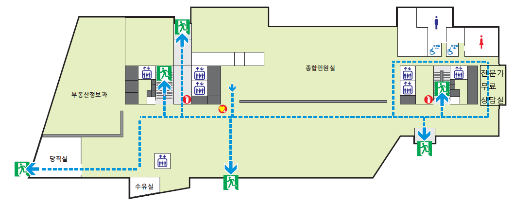 당직실, 부동산정보과, 계단실, 엘리베이터, 민원여권과, 엘리베이터, 계단실, 엘리베이터