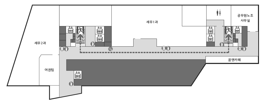 세무과, 여권팀, 계단실, 엘리베이터, 세무1과, 서고, 엘리베이터, 계단실, 엘리베이터
