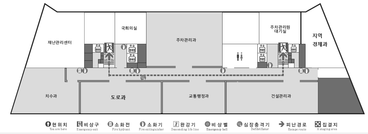 6층 안내도, 재난관리센터, 계단실, 엘리베이터, 안준건설 국회의실, 주차관리과, 주차관리원 대기실, 엘리베이터, 계단실, 엘리베이터, 건설관리과 단속원 대기실, 치수과, 도로과, 교통행정과, 건설관리과