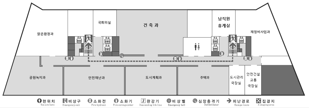 7층 안내도, 맑은환경과, 계단실, 엘리베이터, 도시관리 국회의실, 건축과(건축안전센터), 엘리베이터,계단실,엘리베이터, 재정비사업과, 공원녹지과, 안전재난과, 도시계획과, 주택과, 도시관리 국장실, 안전건설 교통 국장실
