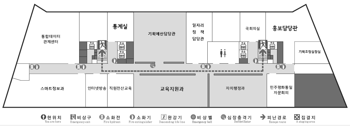 8층 안내도, 전산기기실, 전산기기실, 계단실, 엘리베이터, 통계실, 기획예산과, 지역정책과, 엘리베이터, 문화환경 국회의실, 홍보담당관, 문화환경국장실, 스마트정보과, 통신실, 인터넷 방송실, 전산교육장, 인재양성과, 자치행정과, 민주평화통일 자문회의